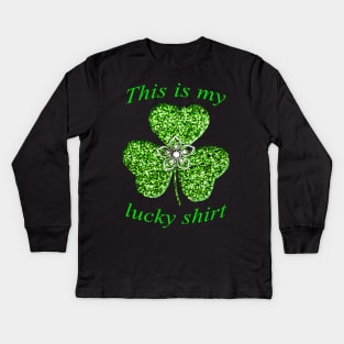 Funny Green Glitter Shamrock With A Flower Kids Long Sleeve T-Shirt